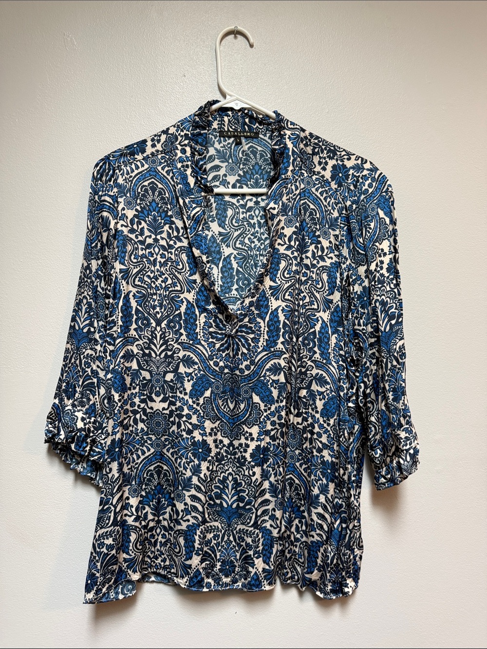 Blue Paisley V-Neck Ruffle-Trim Blouse
